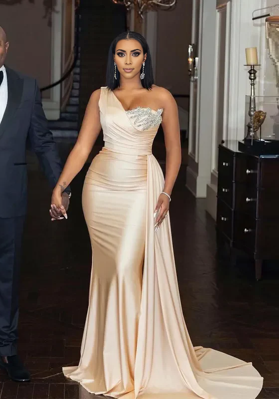 Modest One Shoulder Sleeveless Mermaid Satin Long Prom Dress Charming Evening Party Dress