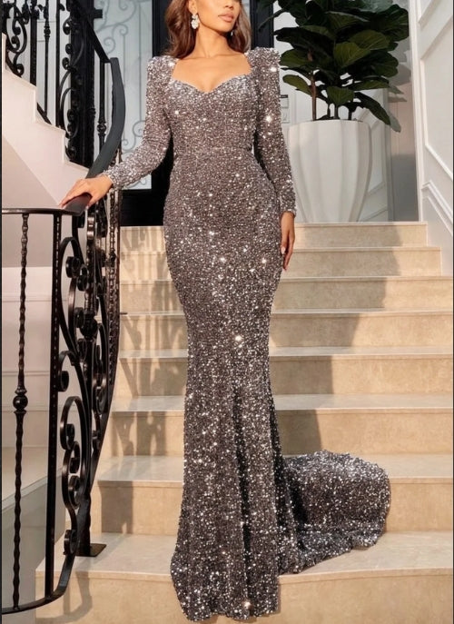 Grey Sequin Evening Dress Long Sleeves Mermaid Prom Dress Sparkly