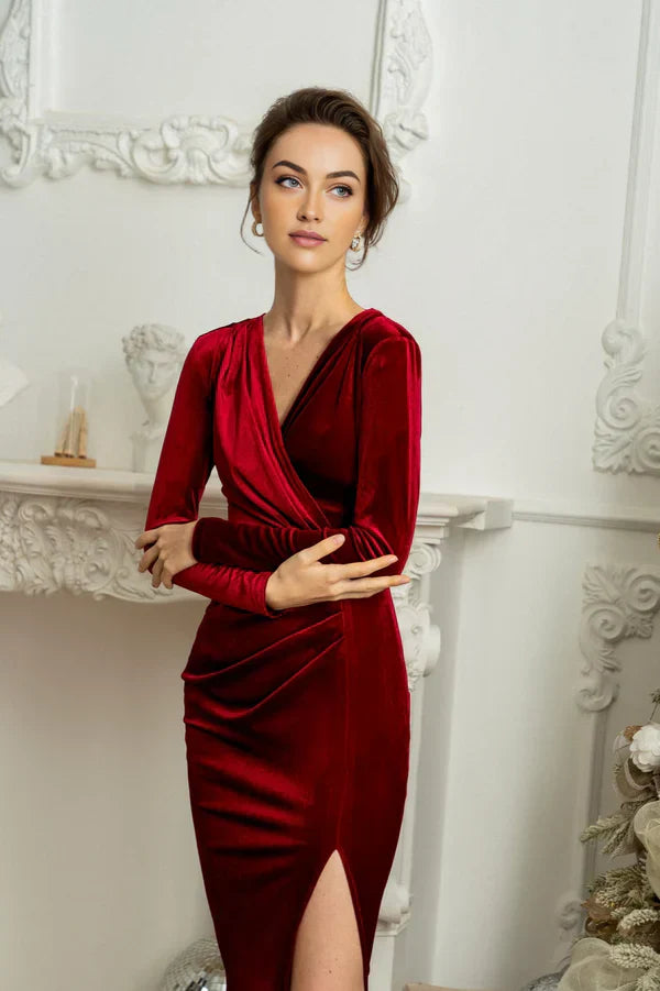 Velvet Split Bodycon Long Sleeve Bridesmaid Dress Wedding Guest Dress Winter Christmas Cocktail Dress Elegant
