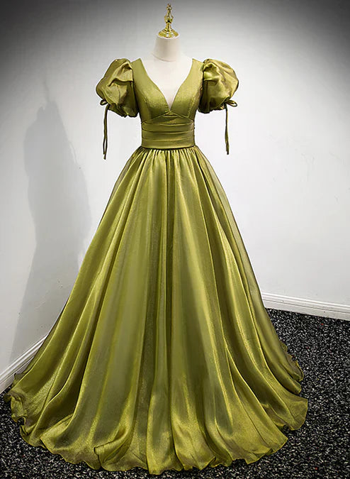 Green Short Sleeves Long A-line Prom Dress Lace-up Party Dress Elegant Evening Dress