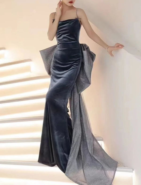 A-Line Celebrity Style Elegant Engagement Prom Dress Spaghetti Strap Long Sleeve Sweep / Brush Train Velvet with Bow(s) Crystals Evening Dress