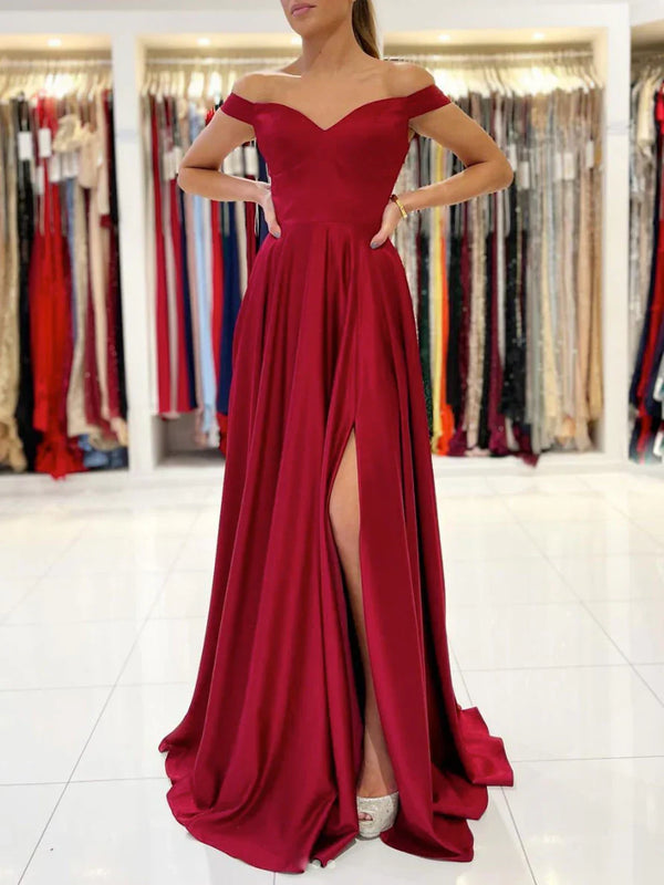 Simple sweetheart satin long prom dress burgundy bridesmaid dress Evening Dress With Slit
