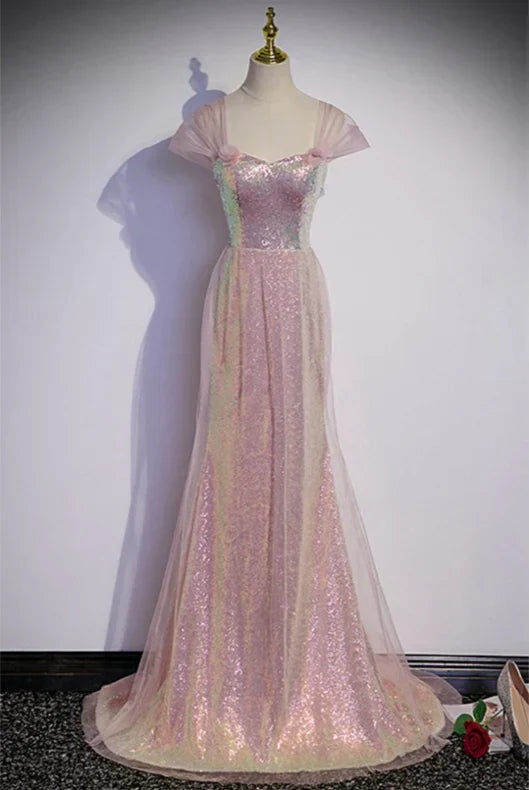 Pink Sparkly Mermaid Long Prom Dress Off Shoulder Floor Length Evening Dress