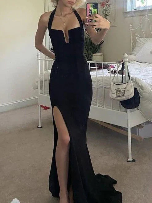 Sexy Black Halter Mermaid Long Evening Party Dress with Split Formal Dress