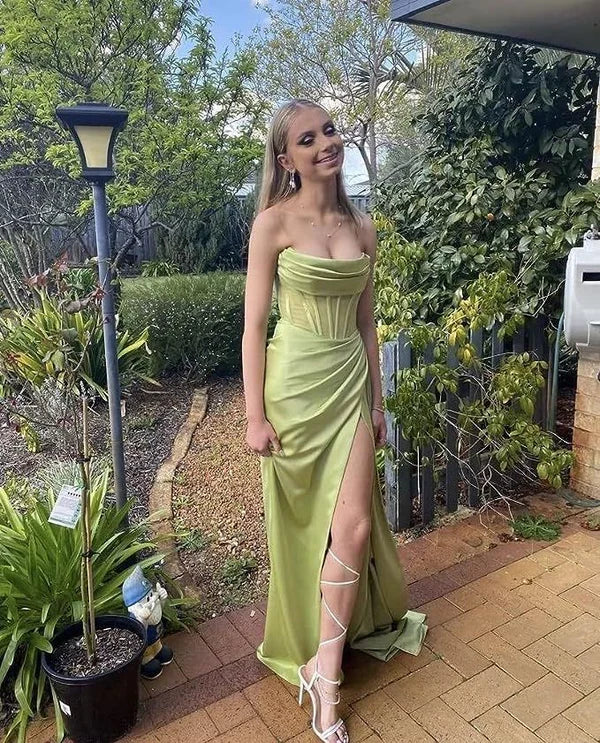 Strapless Long Mermaid Slit Corset Prom Dresses Ruched Formal Evening Party Dresses Charming Bridesmaid Dresses