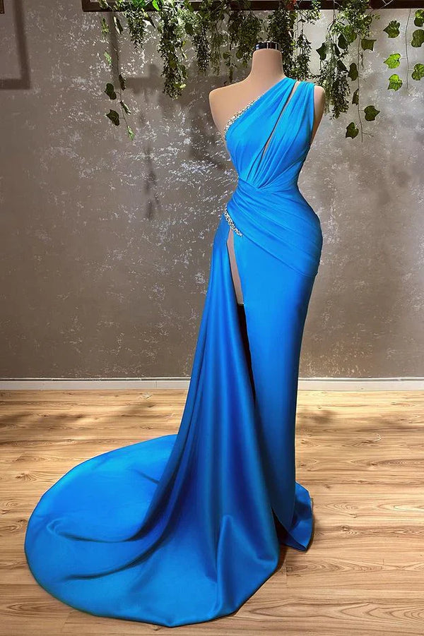 Ocean Blue One Shoulder Mermaid Long Evening Dress With Split Sexy Party Dress Formal Dress