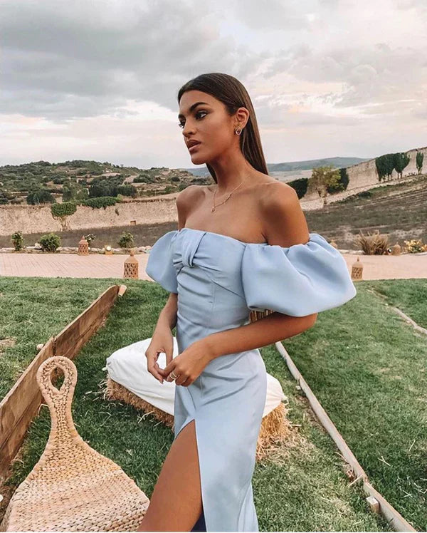 Fashion Off The Shoulder Prom Dress Charming Evening Party Dress With Slit