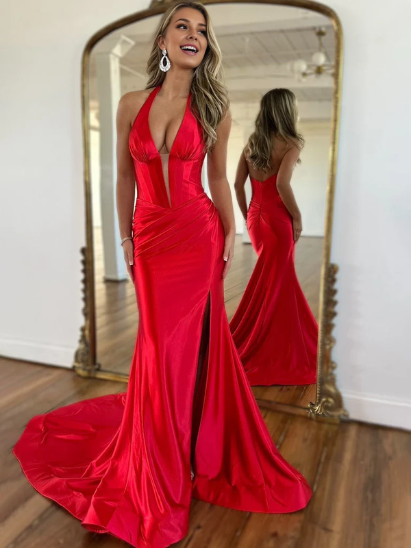 Red Satin Halter Neck Mermaid Simple Long Prom Dresses Charming Evening Party Dress