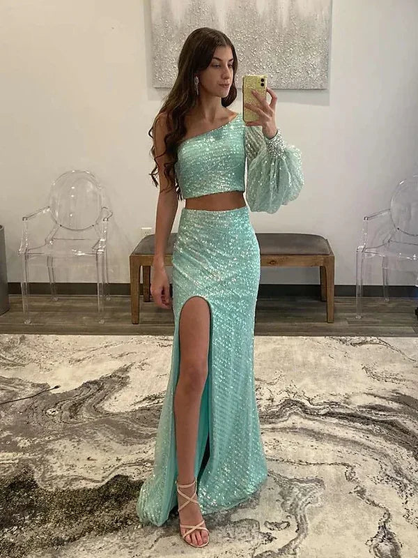 Prom Dresses Empire Dress Party Wear Sleeveless One Shoulder Sequined with Sequin Slit Sparkly Evening Dress