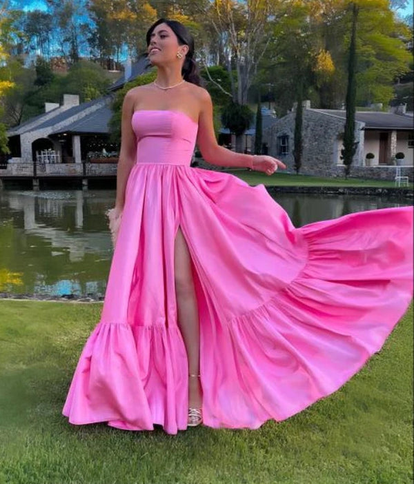 Classic Strapless Pink A-Line Off Shoulder Prom Dresses Formal Party Gown With Slit