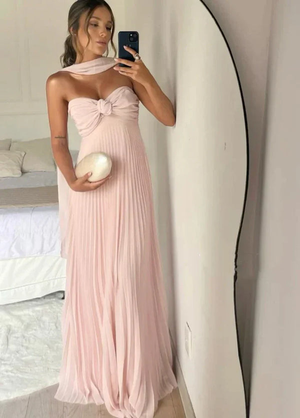Pink Strapless A-Line Pleated Elegant Long Prom Dress Wedding Guest Dress Evening Party Dress