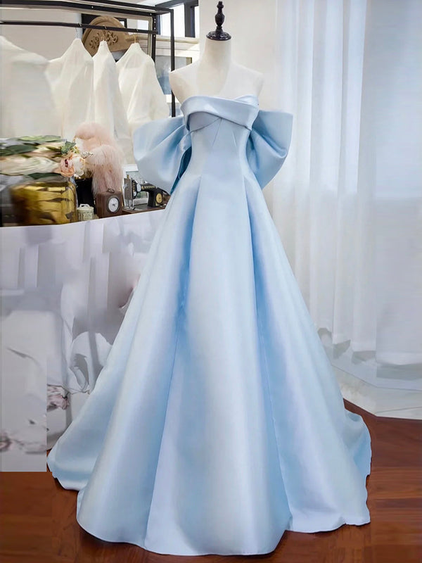 Simple Satin Blue Long Prom Dress Formal Dress Off Shoulder Evening Dress With Bow(s)