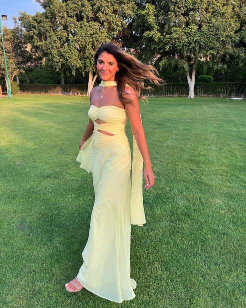 Strapless A Line Yellow Long Prom Dress Wedding Guest Dress Charming Evening Party Dress