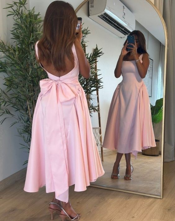 Pink Mid Length A Line Prom Dress Evening Gown Elegant Party Dress