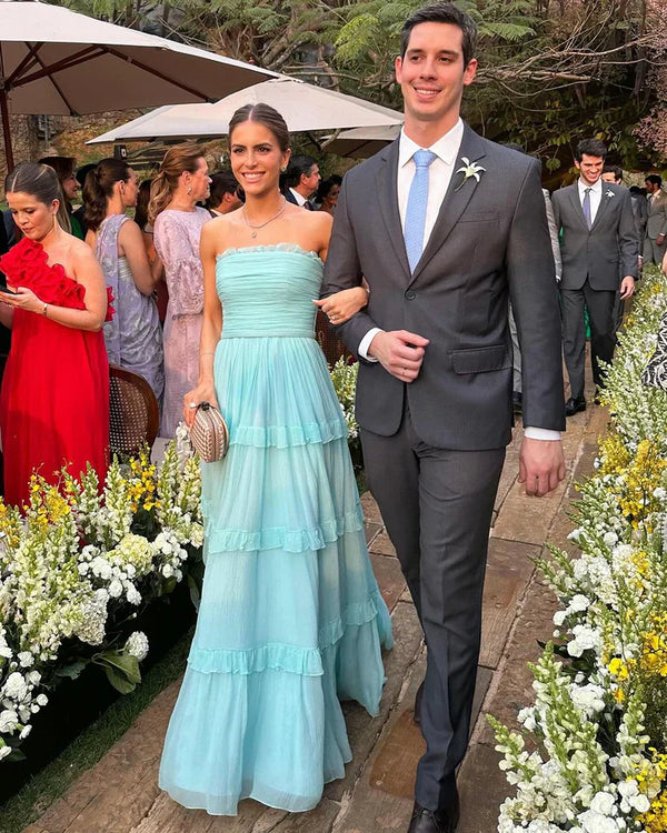 Strapless A Line Blue Long Prom Dress Ruffle Party Dress Wedding Guest Dress