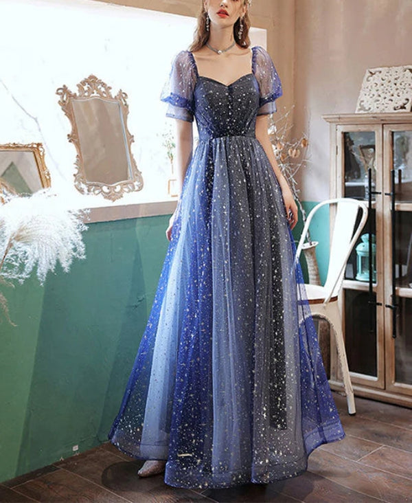 Dark Blue Sweetheart Short Sleeves Formal Dress A-line Prom Dress Elegant Evening Dress