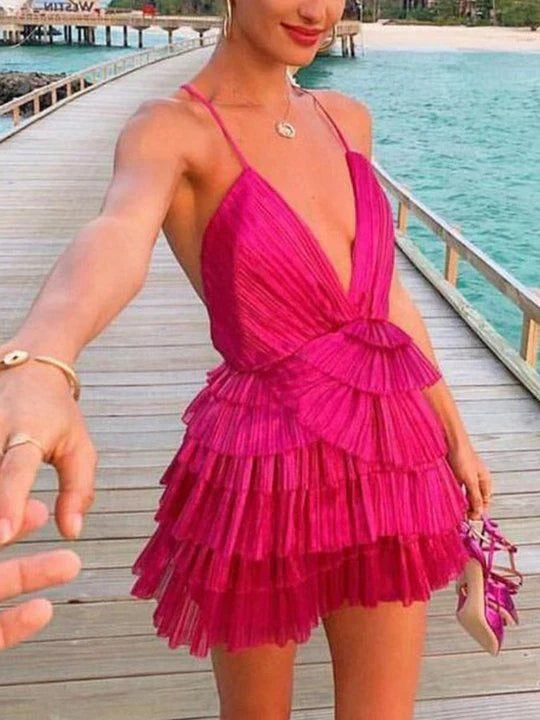 Elegant Purple Pleated V-Neck Homecoming Dress Charming Party Dress