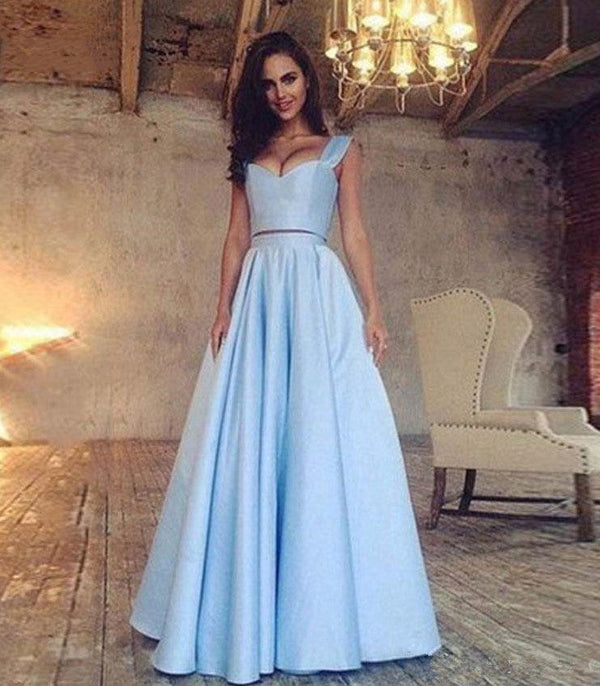 SSR0320,Light blue two pieces prom dresses a line satin evening party gown