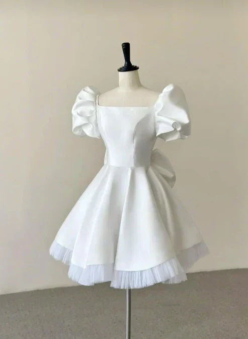 Dress Cute White Satin Homecoming Dress Puffy Short Sleeves Simple Party Dress