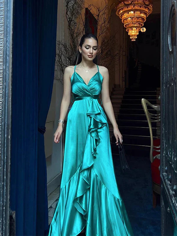Elegant Green Spaghetti Straps V-neck A-line Long Prom Dress Charming Evening Party Dress
