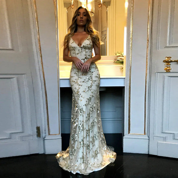 Sexy Mermaid Gold Sequin Tulle Long Backless Prom Dress Charming Evening Party Dress