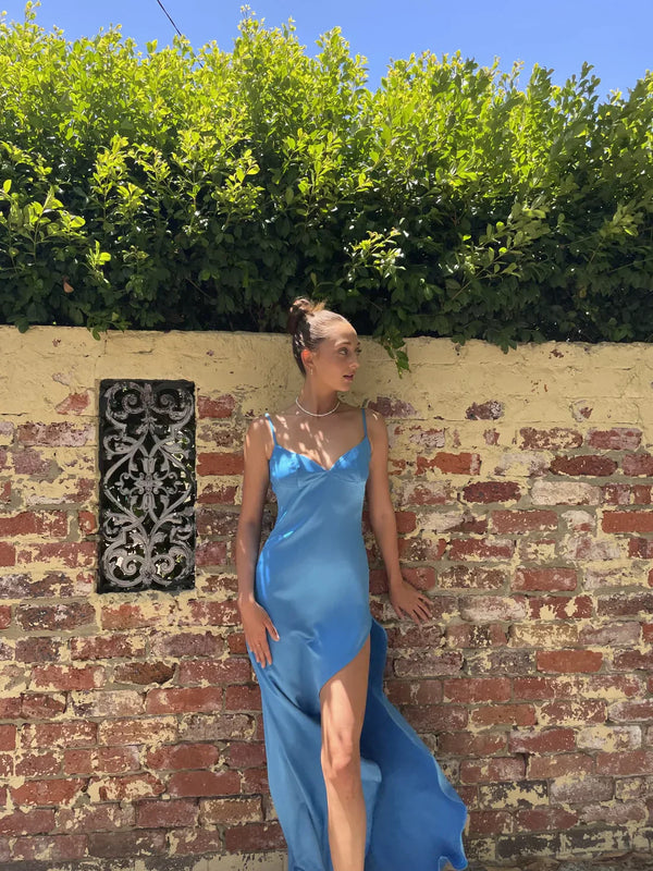 Blue V Neck Spaghetti Straps Backless Long Party Dress with Slit Formal Dress