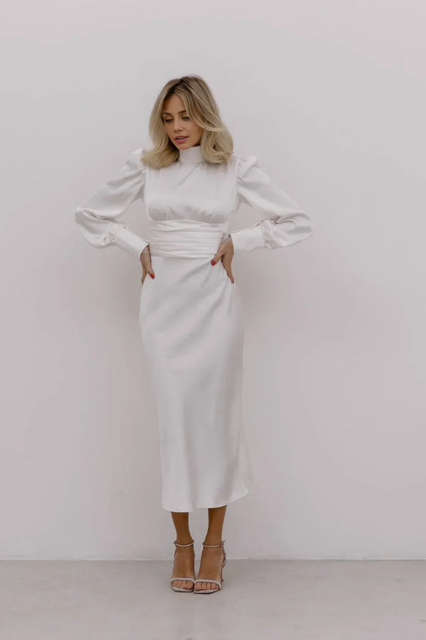 White Silk With Turtleneck Wedding Guest Dress Long Sleeves Formal Dress Cocktail Dress