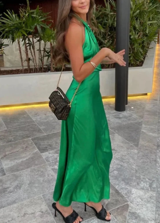 Green Cross Neck Halter Backless Satin Party Dress Elegant Evening Dress Solid Color