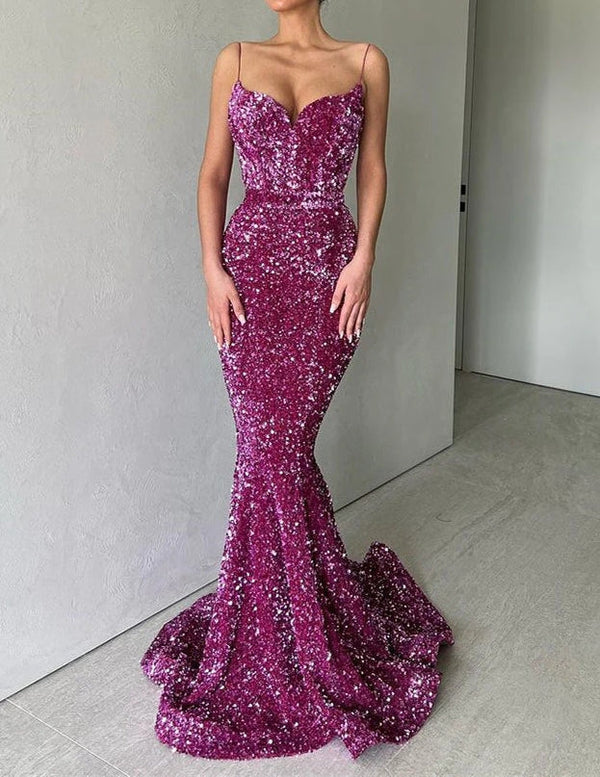 Sparkle Purple Spaghetti Strap Sequin Mermaid Long Prom Dress Sparkly Evening Dress Sexy