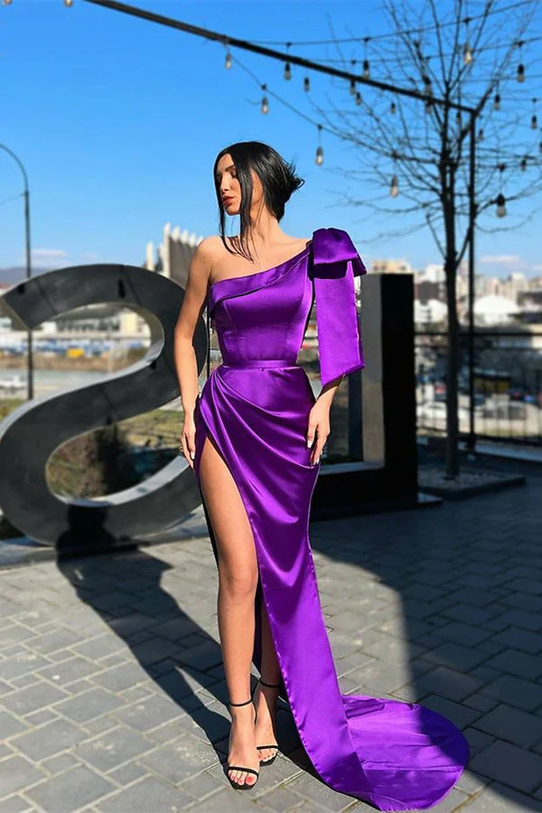 Purple One Shoulder Mermaid Evening Dress Long With Split Sexy Party Dress Formal Dress