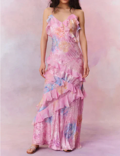 Yellow Straps Ruffles Long Party Dress Weding Guest Dress Charming Evening Dress Formal Dress