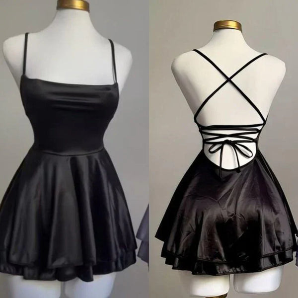 Black A-Line Satin Backless Simple Short Homecoming Dress Party Dress Formal Dress