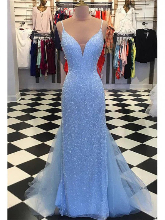 Sparkly Tulle & Satin Spaghetti Straps Sheath Beaded Prom Dresses Sexy Evening Dress