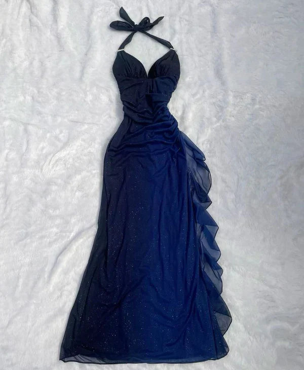Halter Navy Blue Long Chiffon Prom Dress Elegant Evening Party Dress Formal Dress