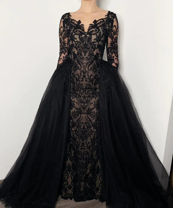 Black and Beige A line lace dress with a detachable tulle skirt Elegant Evening Dress