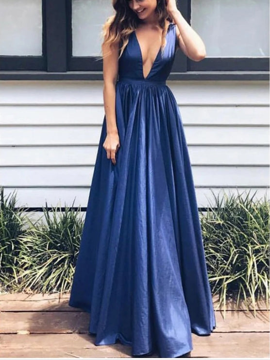Exquisite Deep-v A-line Prom Dresses Satin Sweep Train Gowns Sexy Evening Dress Party Dress