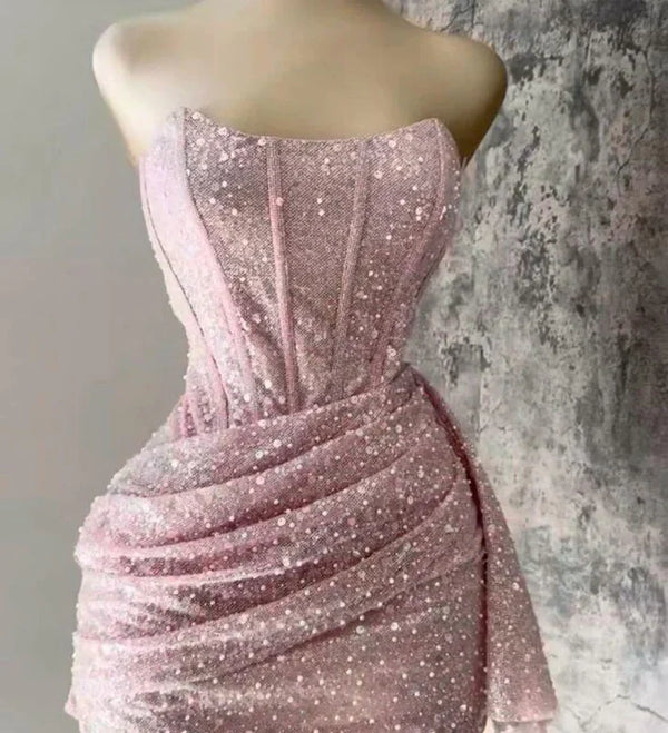 Pink Strapless Sequins Party Dress Mini Hoco Dress Birthday Outfits Off Shoulder Homecoming Dress