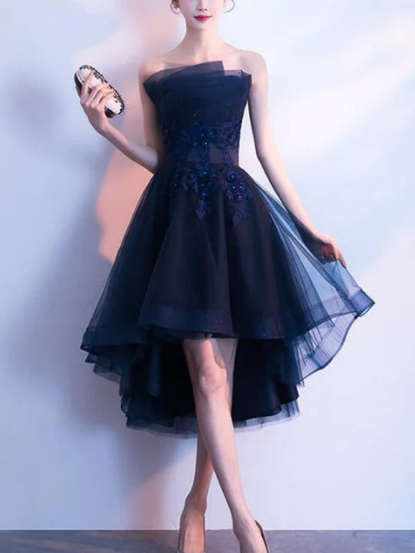 Charming Navy Blue High Low Party Dress Lace Applique Prom Dress Off Shoulder Homecoming Dress Cocktail Dress