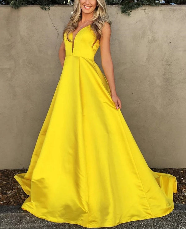 Simple Satin Prom Dresses A-line Prom Gowns With Sweep Train Sexy Evening Dress