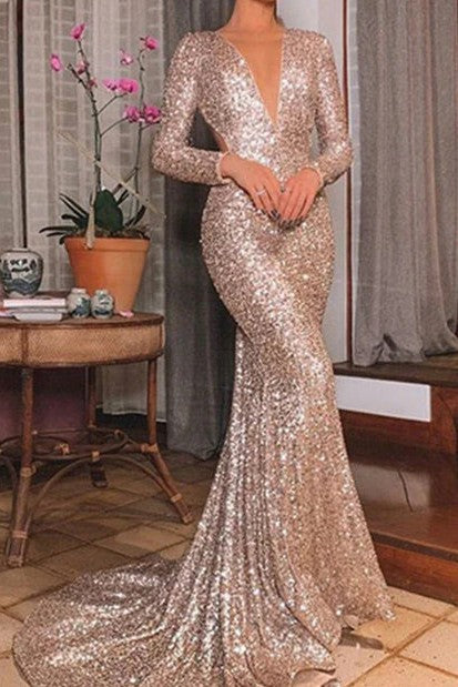 Mermaid Sequin V-Neck Sweep Train Long Sleeve Prom Dresses Sparkly Evening Dress