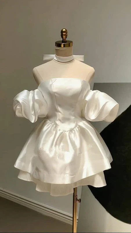 Lovely Off Shoulder A-Line Satin Homecoming Dress Birthday Outfit Party Dress No With Neck accessories