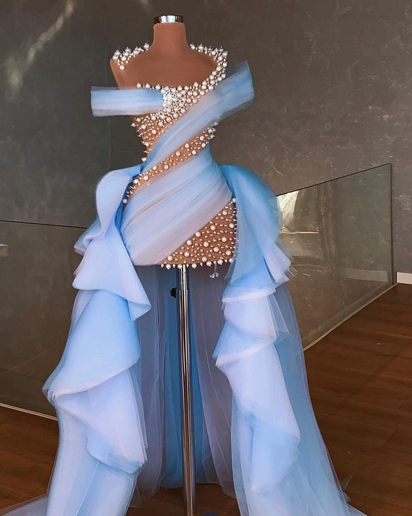 SSR1563,Gorgeous Tulle Pearls Prom Dresses See Thru Ruffles Hi Low Long Train Women Colorful Pageant Prom Dressing Gowns Plus Size Prom Dresses