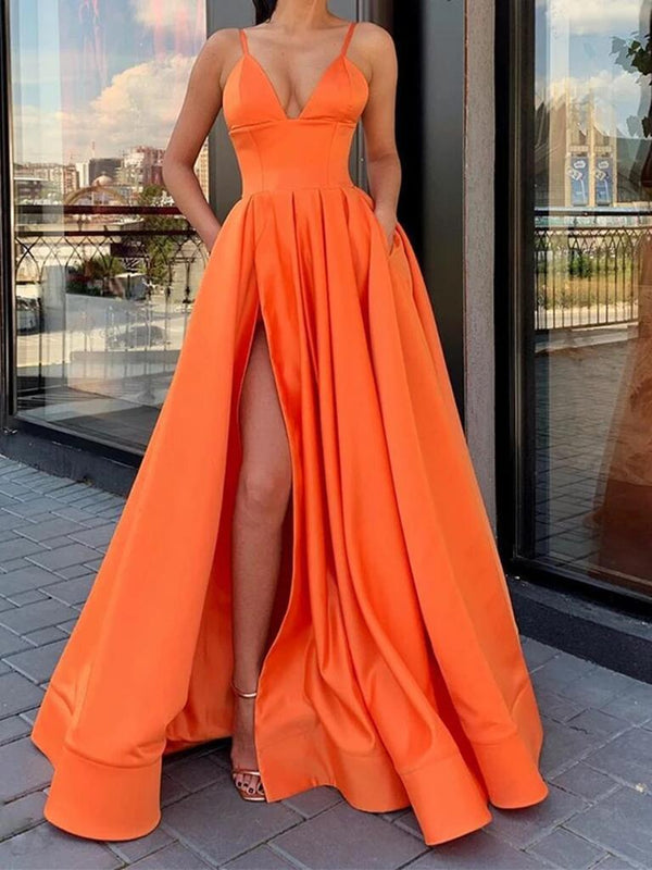 SSR0396,Orange spaghetti straps long prom dresses satin v neck evening party gown