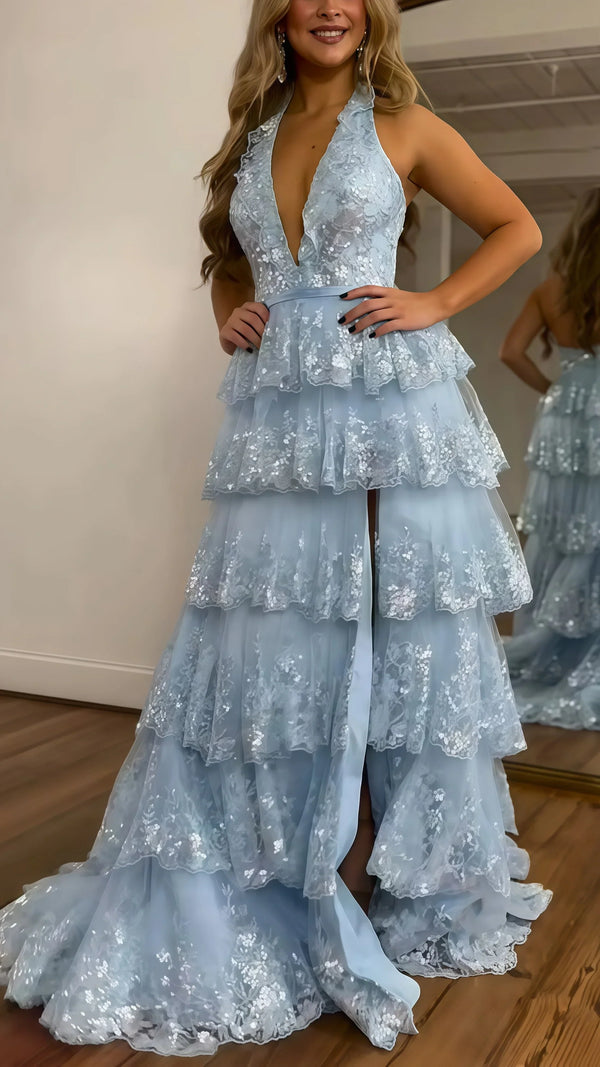 Halter V-Neck Appliques Ruffles Long Prom Dress