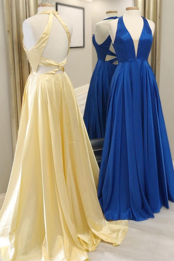 Halter A-line Yellow Long Prom Dress