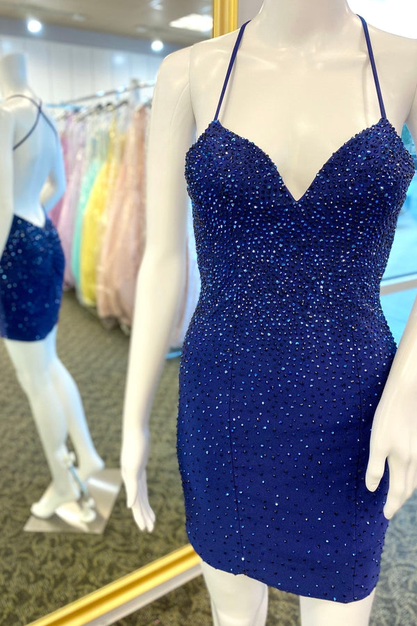 Halter Navy Beaded Bodycon Mini Dress with Cross Back