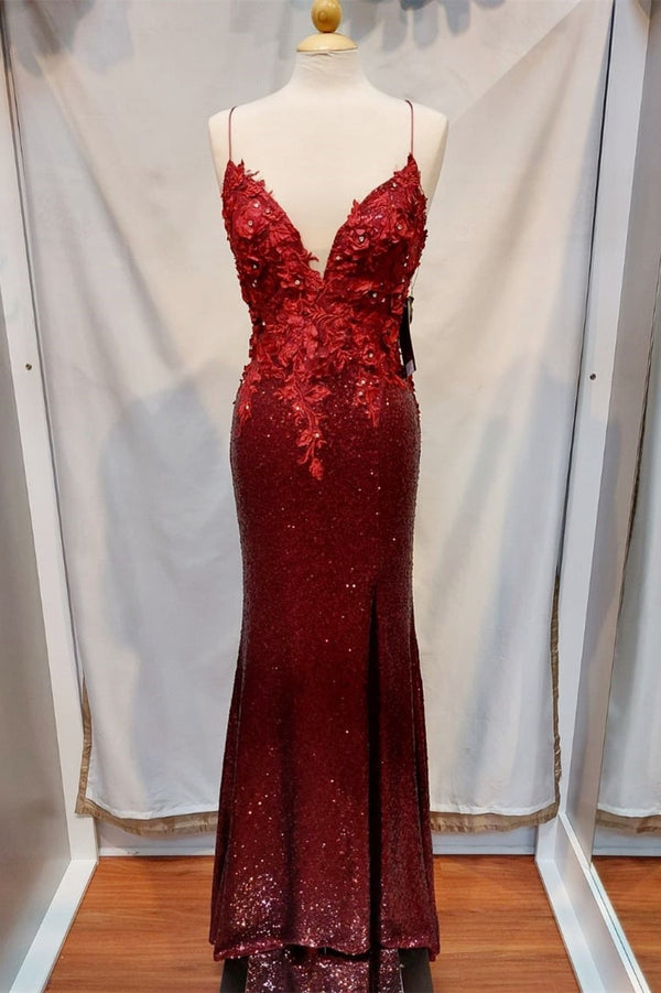 Handmade Wine Red Sequin Mermaid Long Prom Dress