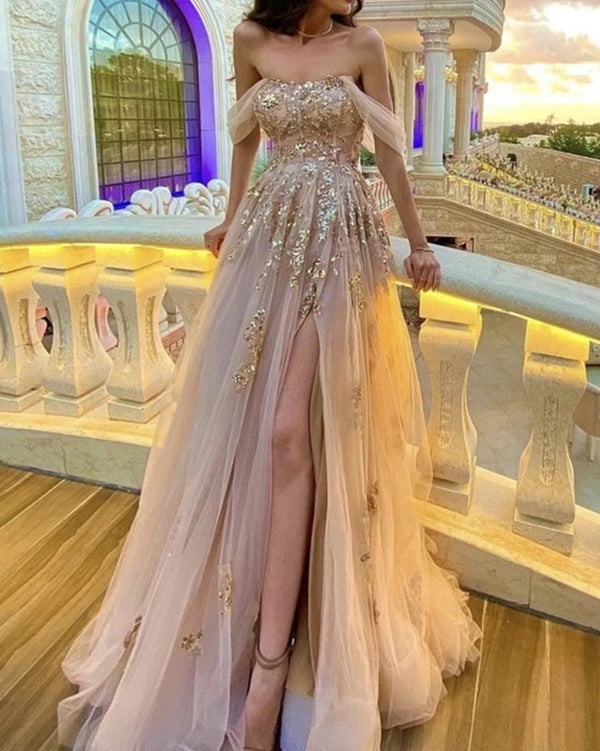 SSR0939,Elegant Champagne tulle corset prom dresses off the shoulder with sequin lace embroidery