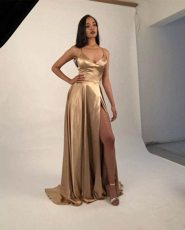 SSR0974, Sexy Gold Satin Prom Dresses Spaghetti Straps Long Evening Dress with Side Slit