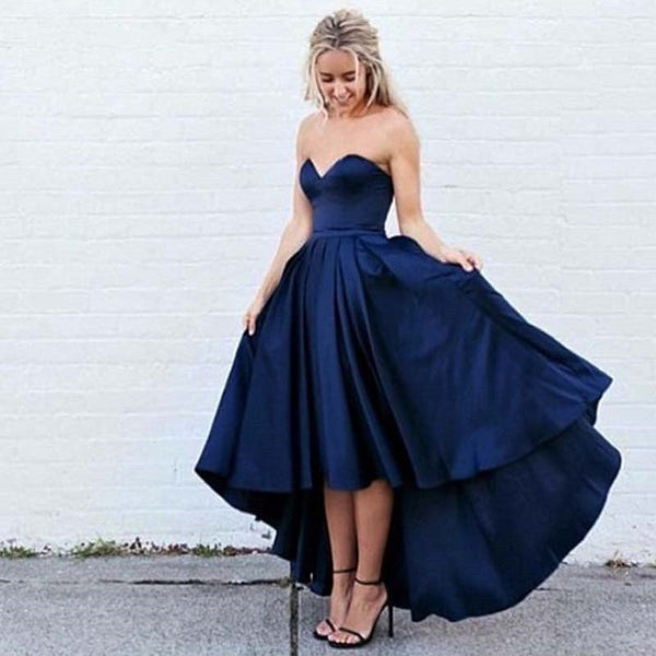 SSR0570,Blue Sweetheart High-Low Satin Prom Dresses Evening Dress